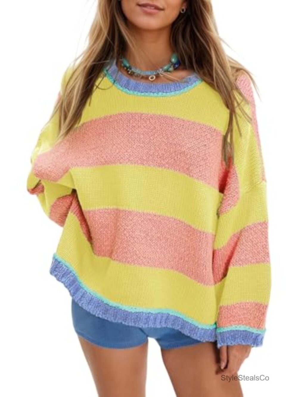 Oversized Striped Chunky Knit Crewneck Pullover Sweater
